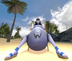 1girls 3d ambiguous_prey belly big_belly breasts female nipples overwatch purple_skin salamoun same_size_vore vore widowmaker