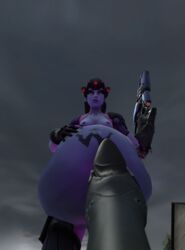 1girls 3d ambiguous_prey belly big_belly bloated bloated_belly breasts female hand_on_belly nipples overwatch purple_skin salamoun same_size_vore vore widowmaker