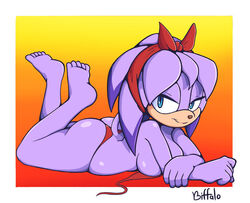 1girls anthro ass bandicoot barefoot biffalo big_ass big_breasts big_butt bikini blue_eyes breasts bubble_butt female fur furry g-string headwear legs_up lying lying_on_stomach mammal naked perci_the_bandicoot pose purple_body purple_fur purple_hair sega sideboob smile sonic_(series) sonic_boom sonic_the_hedgehog_(series) tail thick_thighs video_games