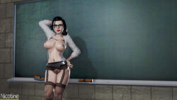 3d areolae big_breasts bioshock bioshock_infinite black_hair blue_eyes breasts burial_at_sea busty classroom elizabeth_comstock female female_focus female_only glasses highres hourglass_figure lipstick long_hair makeup nic_otine nipples nose_piercing pale-skinned_female pale_skin piercing pose posing solo tagme teacher wide_hips