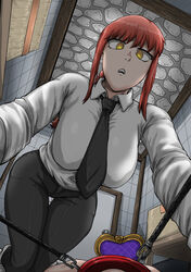 1boy 1girls big_breasts braided_hair breasts chainsaw_man clothed clothed_female_nude_male collar denji_(chainsaw_man) eye_contact female femdom formal formal_attire formal_clothes formal_wear girl_in_suit image juna_juna_juice large_breasts long_hair looking_at_viewer makima_(chainsaw_man) necktie red_hair suit_and_tie textless thick_thighs thighs tight_clothing woman_in_suit yellow_eyes