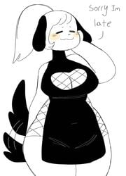 anthro big_breasts breasts canid canine canis clothed clothing dialogue english_text female female_only fur furry furry_only hand_on_cheek pepper_(puppychan) ponytail puppychan solo_female tail tail_wagging text thighs