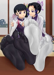 2girls bangs black_hair butterfly_hair_ornament cape demon_slayer feet female female_only foot_fetish foot_focus fully_clothed haori kimetsu_no_yaiba kochou_shinobu looking_at_viewer no_shoes pov_feet purple_eyes sisters soles solo_(twsolo) tatami toes tsuyuri_kanao two_tone_hairband