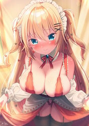 1girls akai_haato big_breasts blonde_hair blue_eyes blush breasts choker haachama hololive lace magowasabi thick_thighs thighhighs thighs virtual_youtuber