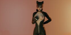 3d batman:_arkham_city batman_(series) blender breasts cat_ears catwoman catwoman_(arkham) catwoman_(arkham_city) covered_nipples covering covering_breasts dc dc_comics glasses intimate pale_skin pinup pose selina_kyle sinaf smug solo zipper