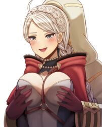 1boy 1girls absurdres ahoge alternate_breast_size bangs big_breasts blue_eyes braid breast_grab breasts choker cloak commission double_breast_grab female fire_emblem fire_emblem_fates fire_emblem_heroes gloves grabbing hairband harness highres kiran_(fire_emblem) kiran_(fire_emblem)_(male) large_breasts long_hair naughty_face nina_(fire_emblem) nintendo open_mouth png saikunartworks straight transparent_background twin_braids white_background