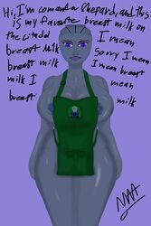 alien_girl apron apron_only artist_signature asari barely_contained blue_skin breasts busty chubby cleavage curvaceous curvy curvy_female curvy_figure hourglass_figure huge_breasts iced_latte_with_breast_milk liara_t'soni maa mass_effect meme meme_attire myanimeaccount nipple_slip nipples sideboob simple_background starbucks thick_thighs twitter_username