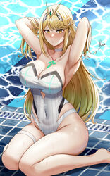 1girls 2021 alternate_breast_size armpits arms_up artist_signature bangs bare_legs blonde_hair blush breasts choker cleavage competition_swimsuit core_crystal feet_out_of_frame female female_focus female_only gold_eyes hair_ornament huge_breasts kneeling long_hair looking_at_viewer mythra nintendo one-piece_swimsuit piukute062 pool poolside slim_waist swept_bangs swimsuit thick_thighs thigh_strap thighs tiara very_high_resolution water wet wet_body white_swimsuit wide_hips xenoblade_(series) xenoblade_chronicles_2