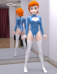 1girls 3d 3d_(artwork) ben_10 cartoon_network daz3d daz_studio female female_only green_eyes gwen_tennyson latex latex_suit latex_thighhighs mirror orange_hair pin3d pose solo