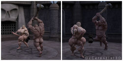 1boy 1futa 3d bald barefoot big_breasts blonde_hair bodybuilder dzcelestial3d erect_penis fbb feet female_bodybuilder fight fighting_ring futa_is_bigger futanari hammer hyper hyper_genitalia hyper_muscles hyper_penis male melee_weapon monster muscular muscular_futanari muscular_male naked nude penis_size_difference sword weapon