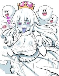 1girls big_breasts blush boo_(mario) boosette breasts dress female female_focus long_hair luigi's_mansion mario_(series) new_super_mario_bros._u_deluxe riririrityou simple_background tongue tongue_out white_background