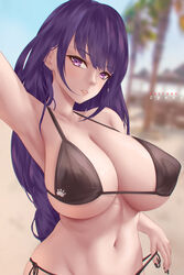 1girls 2021 alternate_version_available arm_up armpits belly_button bikini black_bikini blurry_background braided_hair breasts erect_nipples female female_only genshin_impact huge_breasts light_blush long_hair looking_at_viewer navel nipples outdoors purple_eyes purple_hair raiden_shogun slim_waist solo swimsuit very_long_hair wide_hips zynxy