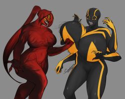 2girls 4_arms anthro envy_(symbiobro) huge_breasts massive_breasts multi_arm multi_eye multi_limb punching_breasts smugigante symbiobro symbiote tagme teeth vex_(symbiobro)