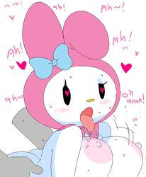 anon breast_jiggle breast_swing dream-cassette drool drooling female fucked_silly heart-shaped_pupils hoshime huge_breasts implied_sex jiggle mob_face my_melody onegai_my_melody sanrio shortstack text tongue_out