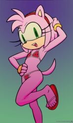 amy_rose anthro bikini blueafternoon feet flat_chest hedgehog looking_at_viewer nipple_bulge sandals solo_focus sonic_(series) sonic_the_hedgehog_(series)