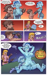 1boy 2girls abs barefoot big_breasts blonde_hair cadence_(markydaysaid) casual comic death dialogue english_text female firearm ghost ghost_girl handgun high_heels human jack-o'-lantern lowres male male_death mark_(markydaysaid) markydaysaid nipples nude offscreen_death pale_skin phantasma_phantom reverse_cowgirl_position scooby-doo scooby-doo_and_the_ghoul_school shindere soul_sex speech_bubble suicide text translucent_body vaginal vaginal_penetration weapon