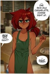 1girls annoyed apron barista blush characterful clothing dark-skinned_female dark_skin dialogue english_text fast_food female female_focus green_eyes iced_latte_with_breast_milk malberrybush malyna meme naked naked_apron original outerwear ponytail red_hair small_breasts speech_bubble uniform