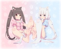 2girls barefoot blue_eyes bow brown_eyes brown_hair cat_ears chocola_(sayori) feet heart holding_hands maidforge masturbation multiple_girls nail_polish nekopara panties silver_hair stockings toe_scrunch toes vanilla_(sayori)