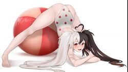 animated beach_ball black_hair fringe huffie jack-o'_pose jack-o_pose long_hair long_twintails momotexx_(artist) momotexx_(vtuber) multicolored_hair no_sound orange_eyes pale_skin petite red_eyes slim smile swimsuit teenager twintails two_tone_hair video virtual_youtuber vyugen white_hair