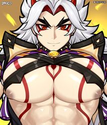 1boy arataki_itto big_nipples big_pecs genshin_impact male male_only red_eyes simple_background solo spaca white_hair