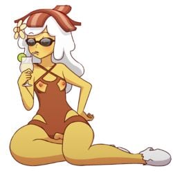 adventure_time bacon beach breakfast_princess breasts colored_skin drink female flower food food_creature functionally_nude manyakis mike_inel nude pussy small_breasts solo sunglasses swimsuit transparent_background uncensored white_hair yellow_skin