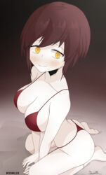 ass bikini blossom_hope blush bra breasts kamiyama_tamaki looking_at_viewer medium_breasts orange_eyes panties red_bikini red_hair short_hair signature simple_background socks thick_thighs watermark white_skin woomler