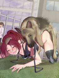 1boy 1boy1girl 1girls ark_thompson_(blueaxolotl) ass ass_up barely_clothed blush breasts canine closed_eyes clothed_female clothed_sex dog_collar dog_ears doggy_style dominant_feral female female_human/male_feral female_on_feral femsub grabbing_from_behind grass highres interspecies kneehighs long_hair maledom nekonote no_panties open_mouth outdoors outside ponytail pounding public public_bestiality public_sex red_hair saliva saliva_trail sex teeth thighhighs thighs tied tongue tongue_out zoophilia