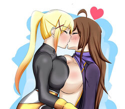 2019 2girls big_breasts blonde_hair blush breast_press brown_hair closed_eyes darkness_(konosuba) female female_only heart illustration kissing kono_subarashii_sekai_ni_shukufuku_wo! lluanhyperzero making_out mutual_yuri passionate symmetrical_docking wiz_(konosuba) yuri