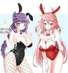 2girls breasts bunny_ears bunny_girl bunnysuit fishnets fox_ears fox_envoy fox_girl genshin_impact kaho large_breasts multiple_girls navel pink_hair purple_eyes purple_hair raiden_shogun thighs yae_miko