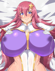 1girls bed big_breasts blush breasts eye_contact female gloves grabbing_own_breast gundam gundam_seed gundam_seed_destiny huge_breasts lactation lactation_through_clothes large_breasts leotard long_hair looking_at_viewer meer_campbell on_bed purple_eyes red_hair rururu82010664 shiny_skin upper_body