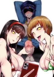 1futa 2girls amagi_yukiko arms_above_head arms_behind_head arms_up balls big_breasts big_penis bikini blindfold blush bound breasts breasts_out censored cleavage clothed clothing drooling duo_focus erection female female_focus femdom forced futanari futasub gggg handjob hat human intersex large_breasts light-skinned_futanari light_skin megami_tensei mosaic_censoring mostly_clothed nipples pale_skin penis persona persona_4 phone photo saliva satonaka_chie selfie shadow_(persona) shadow_chie shadow_self_(persona) shadow_yukiko shirogane_naoto smartphone spread_legs squatting sweat tagme taking_picture testicles urethra