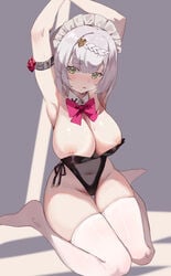 1girls big_breasts blush breasts eten genshin_impact gray_hair green_eyes leotard navel nipple_slip nipples noelle_(genshin_impact) thick_thighs thighhighs thighs