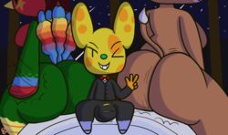 2021 animal_crossing big_ass big_bulge bulge bulge_through_clothing chadder_(animal_crossing) huge_ass imminent_sex klutzatdusk nintendo peace_sign rio_(animal_crossing) ripped_clothing shaking slapping small_but_hung smug spanking tiara_(animal_crossing)