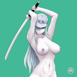 1girls abs absurd_res areolae artist_name big_ass big_breasts big_butt big_nipples blue_eyes breasts busty cap cells_at_work cells_at_work_code_black cleavage curvaceous curvy erect_nipples erection female female_only hair_over_one_eye half-dressed hat hataraku_saibou hataraku_saibou_black hi_res huge_areolae huge_ass huge_breasts huge_nipples inscription katana large_areolae large_ass large_breasts looking_at_viewer nude nude_female otm_g signature solo solo_female sword tagme u-1196 uncensored white_blood_cell_(hataraku_saibou) white_body white_hair white_skin