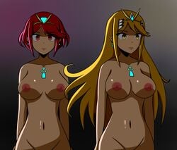 2girls areolae blonde_hair dual_persona green_eyes long_hair medium_breasts multiple_girls mythra naked nintendo nipples nude nude_female pyra red_eyes red_hair short_hair simple_background sortish-kinda tagme video_games xenoblade_(series) xenoblade_chronicles_2