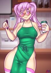 1girls 2021 animal_ears apron bare_shoulders big_breasts blush bonecrusherii breasts breasts_out_of_clothes bunny_ears cafe clothing coffee coffee_cup exhibitionism female female_focus female_only glasses green_apron highres iced_latte_with_breast_milk lactation lactation_through_clothes legwear looking_at_viewer meme naked_apron no_bra paladins pen pink_hair purple_eyes rei_(paladins) sideboob solo solo_female solo_focus starbucks stockings thick_thighs thighhighs thighs