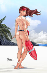 bag barefoot beach belt brown_hair casual daggerpoint fanny_pack female headgear headwear human lifeguard long_hair mostly_nude neckwear nude_beach nudist outdoors pale_skin public rescue_buoy sand standing tactical_nudity visor whistle