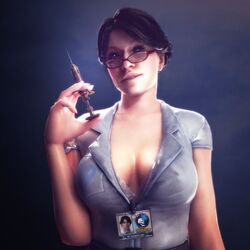 1girls black_hair blue_eyes bra call_of_duty call_of_duty_black_ops_cold_war call_of_duty_zombies cleavage doctor elizabeth_grey_(cod) flickytuts glasses open_shirt short_hair smirk solo_female syringe teasing