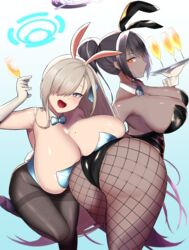 2girls ass asuna_(blue_archive) asuna_(bunny)_(blue_archive) big_ass big_breasts blue_archive blue_eyes breasts bunny_ears bunnysuit dark-skinned_female eye_contact female female_only fishnet_pantyhose gasara_(oaaaa0801) hair_over_one_eye huge_breasts karin_(blue_archive) karin_(bunny)_(blue_archive) large_ass large_breasts leotard looking_at_viewer millennium_science_school_student pantyhose red_eyes thick_ass thick_thighs thighs