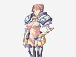 armor beauty_mark belly belly_button bikini_armor brown_hair claudia_levantine closed_eyes defeated depressed gauntlets hikage_eiji knight kuroinu_~kedakaki_seijo_wa_hakudaku_ni_somaru~ large_breasts midriff panties revealing_clothes sad tears white_background white_panties