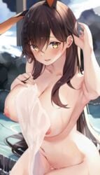 absurdres animal_ears arm_up armpits azur_lane bangs blush braid breasts brown_hair chikuma_(azur_lane) collarbone commentary_request day dripping eyebrows_visible_through_hair female hair_between_eyes hand_in_hair hand_on_own_chest highres holding holding_towel large_breasts legs_together long_hair looking_at_viewer mole mole_under_mouth navel nipples nude onsen open_mouth outdoors rabbit_ears signature sitting solo towel u_ronnta very_long_hair water wet wet_hair yellow_eyes