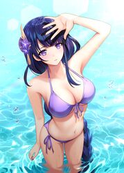 1girls beach bikini blush braid breasts curvaceous curvy female female_only genshin_impact hand_on_head highres large_breasts looking_at_viewer milf mole mole_under_eye navel purple_bikini purple_eyes purple_hair raiden_shogun sony_kisaragi water wet