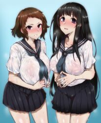 2girls alternate_breast_size big_breasts blush chitanda_eru gggg huge_breasts hyouka ibara_mayaka large_breasts multiple_girls nipple_bulge nipples_visible_through_clothing no_bra school_uniform skirt tagme wet wet_clothes