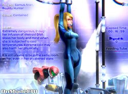 3d angry armor arms_above_head bodysuit bondage broken_armor broken_helmet gag glaring_at_viewer helmet helmet_with_visor ice looking_at_viewer metroid nintendo onmodel3d samus_aran self_upload text varia_suit varia_suit_helmet zero_suit zero_suit_samus