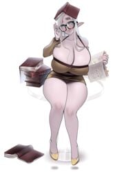 1girls blonde_hair blue_eyes book carameline_(dskn) cleavage dskn elf elf_ears female female_only glasses heels huge_breasts long_hair looking_away miniskirt pointy_ears sitting solo solo_female thick_eyebrows thick_thighs white_background