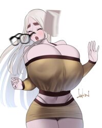 1girls bare_shoulders blonde_hair book breast_press carameline_(dskn) cleavage closed_eyes dskn elf female female_only glasses huge_breasts legs_together long_hair miniskirt panties solo solo_female thick_eyebrows thick_thighs throwing_object white_background