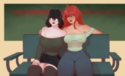 2girls arm_around_shoulders bench cleavage creepette_holloway dabble green_eyes large_breasts mia_(sleeplesscreeper) red_hair