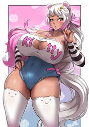 1girls 2020 arm_sleeves big_breasts blush brown_eyes cat_ears cat_tail catgirl cleavage_cutout dark-skinned_female dark_skin female female_only hair_ribbon hi_res long_hair looking_at_viewer marron_(burningdesired) nipple_bulge packge pink_highlights skindentation solo solo_female text_on_clothing thick_thighs thigh_squish thighhighs white_hair white_thighhighs