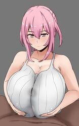 1boy 1girls big_breasts breasts cleavage dark-skinned_male female gigantic_breasts huge_breasts large_breasts male nao_(ritsancrossover) paizuri pink_eyes pink_hair straight