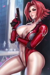1girls abs against_wall arm_under_breasts bare_thighs big_breasts blue_eyes breasts breasts_out child_bearing_hips clothing code_geass dandon_fuga female female_focus female_only gloves hips holding_gun holding_weapon kallen_stadtfeld large_breasts leotard looking_at_viewer navel pistol pussy red_hair shaved_pussy short_hair solo solo_female solo_focus thick_thighs thighs thunder_thighs wide_hips zipper_down